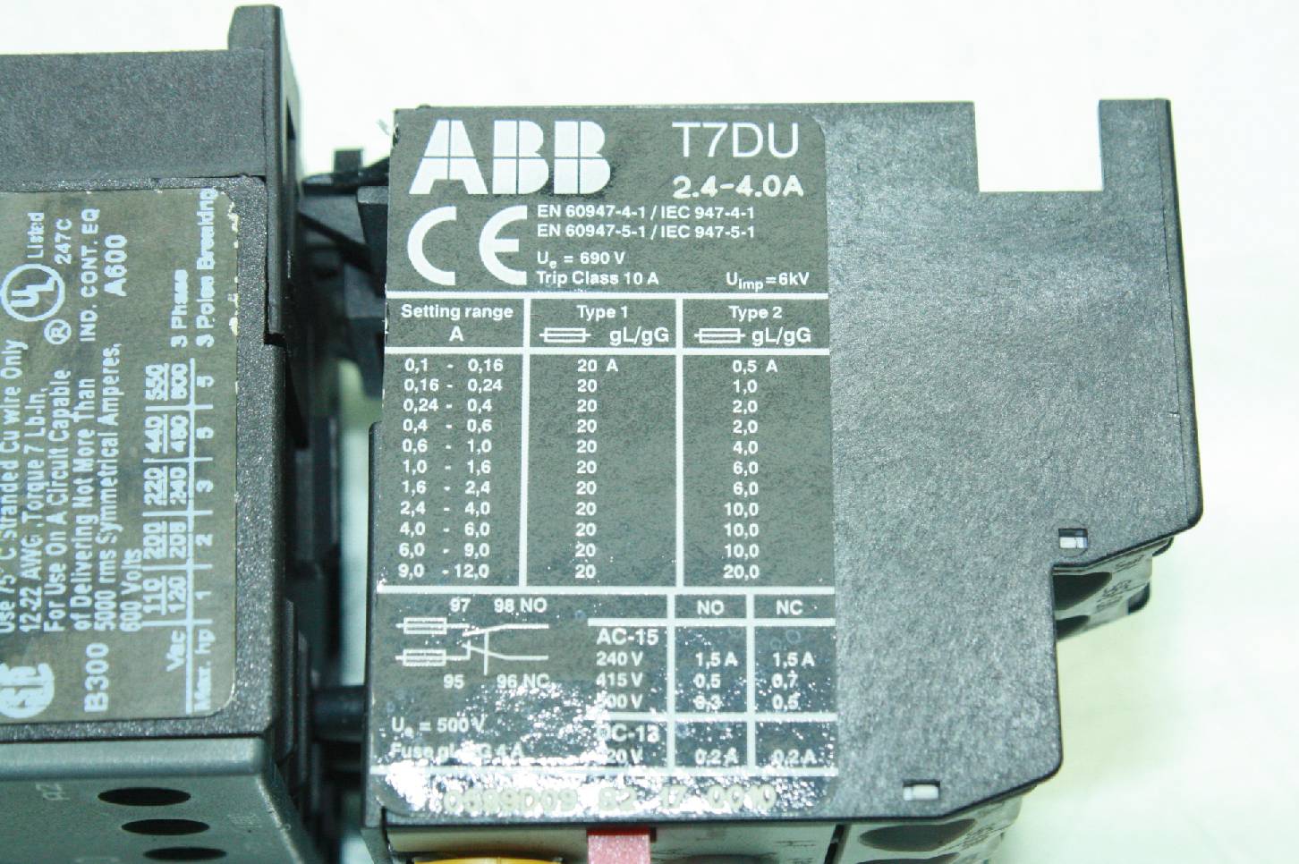 ABB BC73010 Mini Contactor 24V DC w/ T7DU4.0 Overload Relay 2.4 4